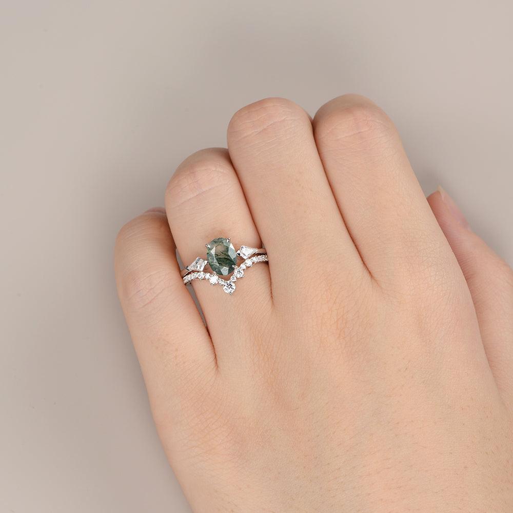 Nyx’s Trinity | Black Gold Oval Moss Agate Three Stone Engagement Ring Set 2pcs - View 2