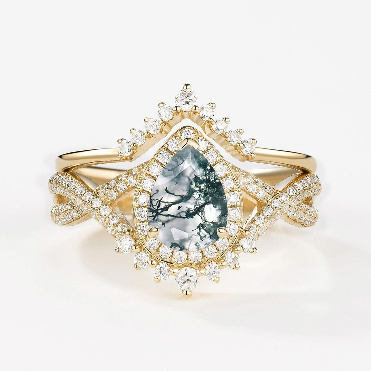 Valentina’s Eternity | Pear Moss Agate Halo Infinity Bridal Set 2pcs