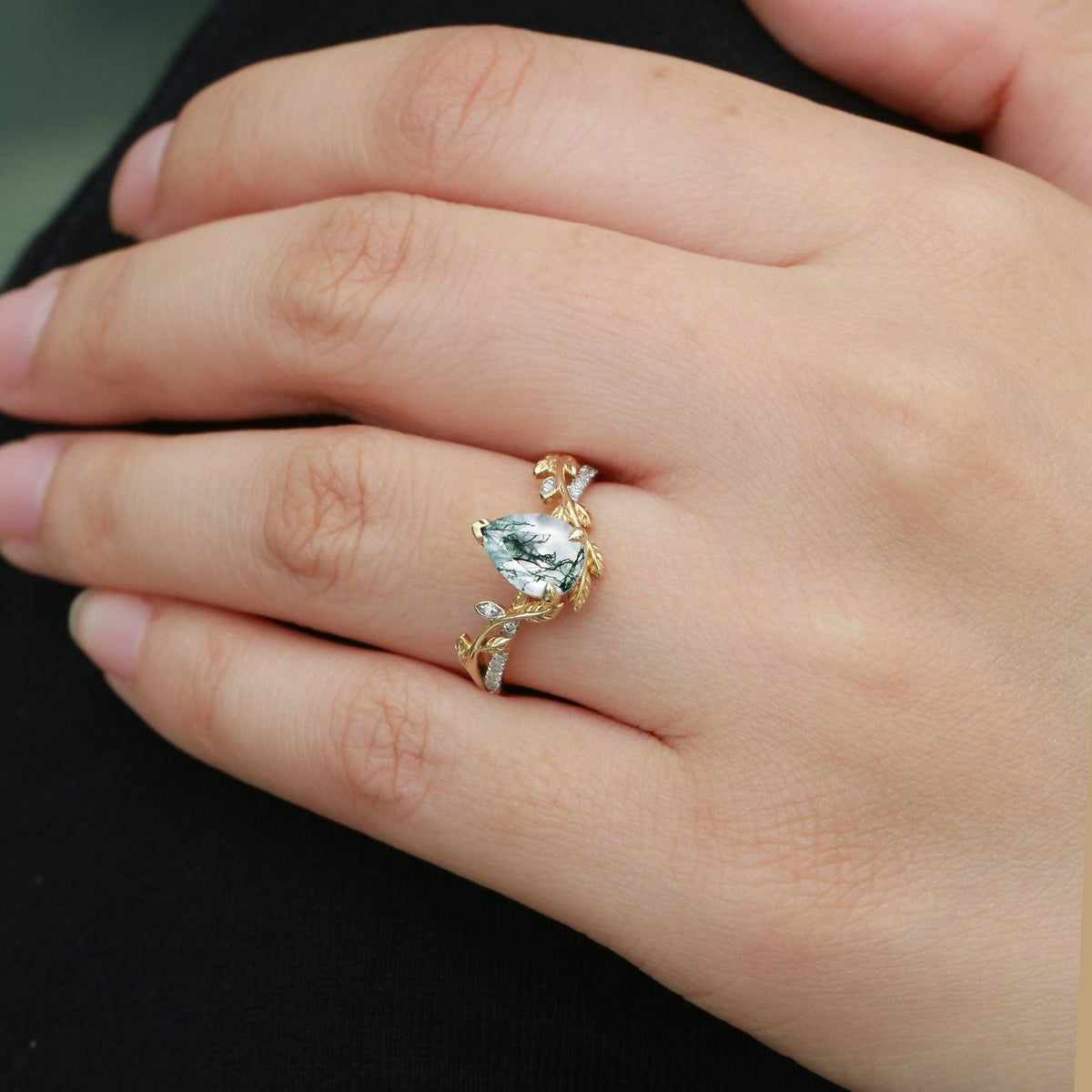 Eleanor’s Vine | Vintage Pear Moss Agate Leafy Engagement Ring - View 2