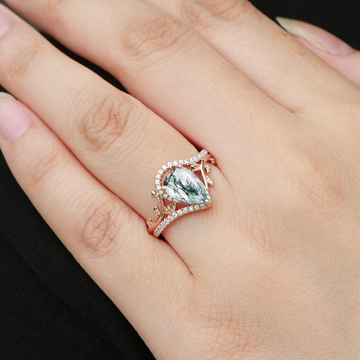 Vintage Pear Cut Moss Agate & Moissanite Leafy Engagement Ring - View 2