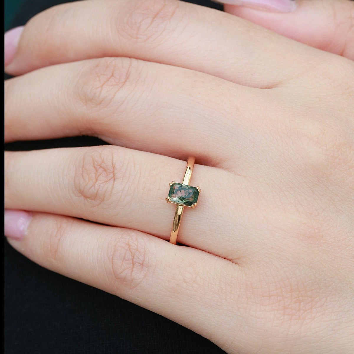 Emerald Cut Moss Agate Solitaire Engagement Ring - View 2