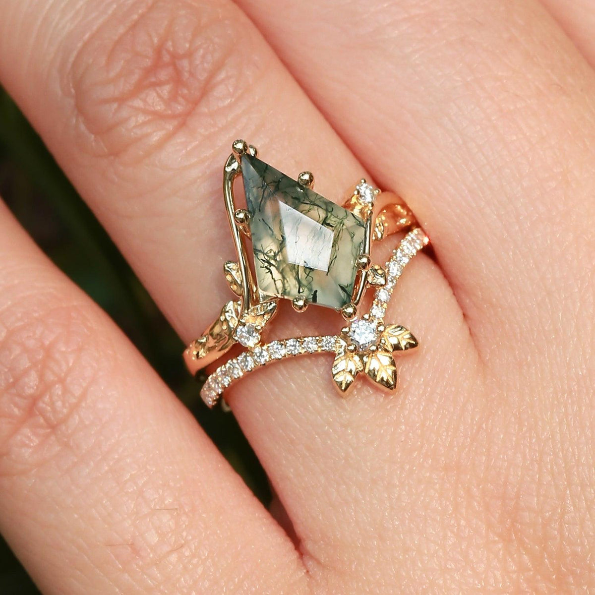 Unique Moss Agate Three Leaves Engagement Ring Set 2pcs - Ella - View 2