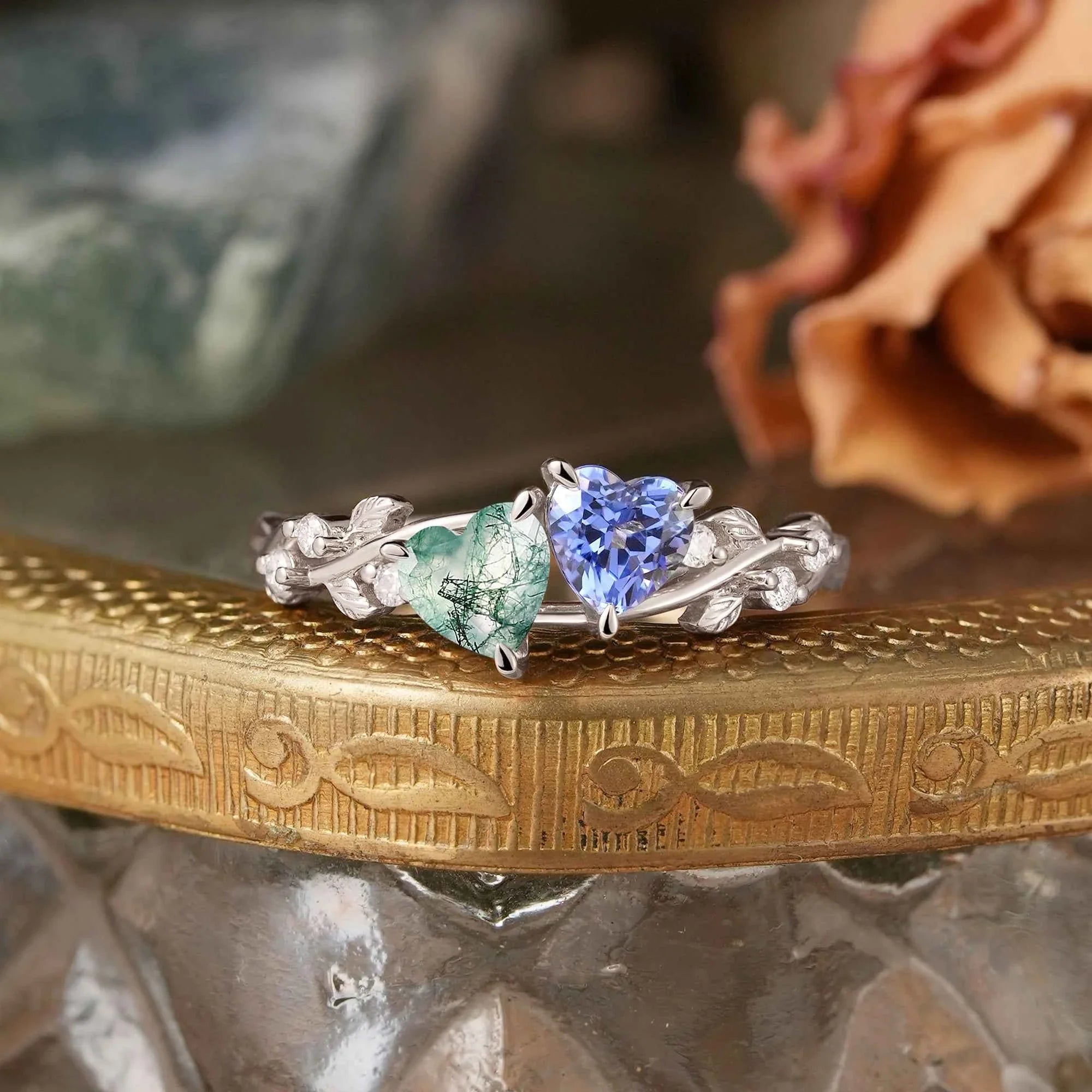 Heart Cut Moss Agate And Cornflower Sapphire Leaf Inspired Toi et Moi Engagement Ring - Eveline | Nartya
