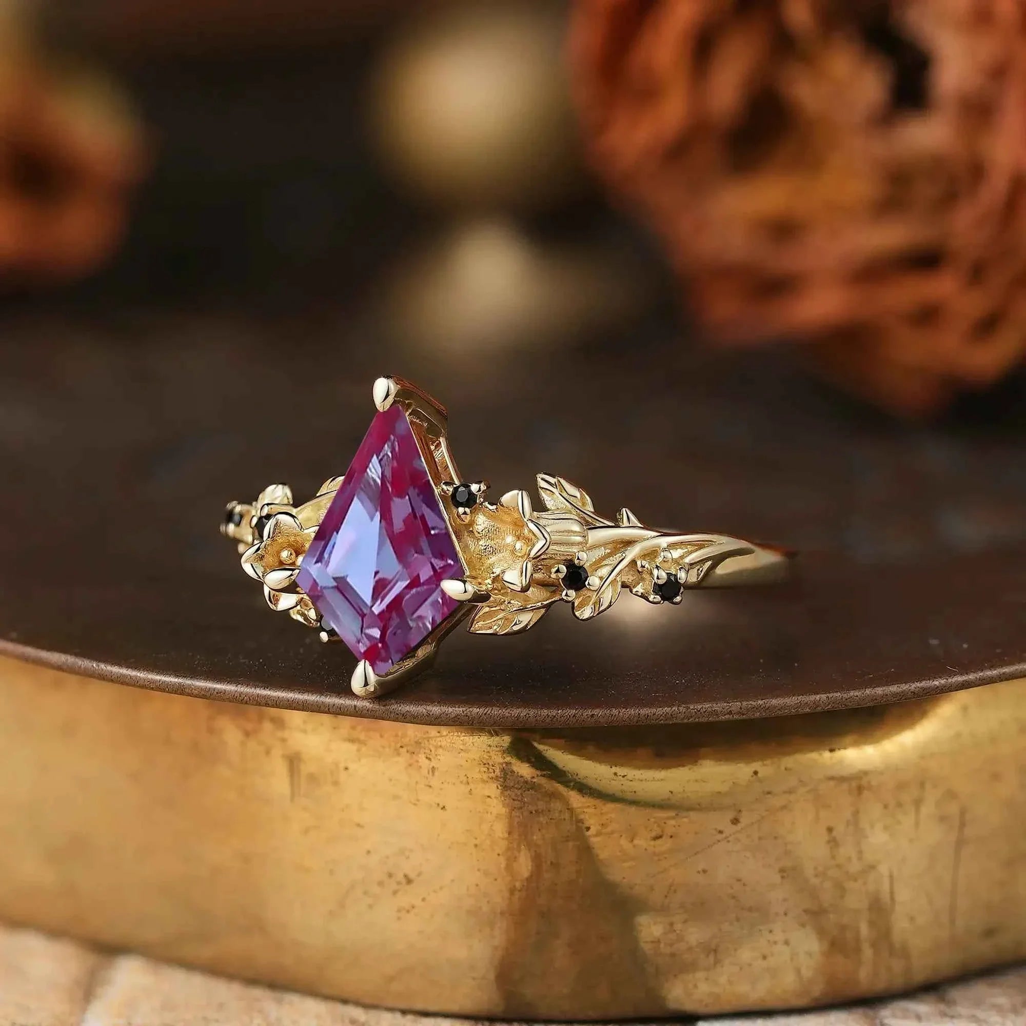 Kite Cut Alexandrite Belladonna Flower Inspired Gothic Engagement Ring | Nartya