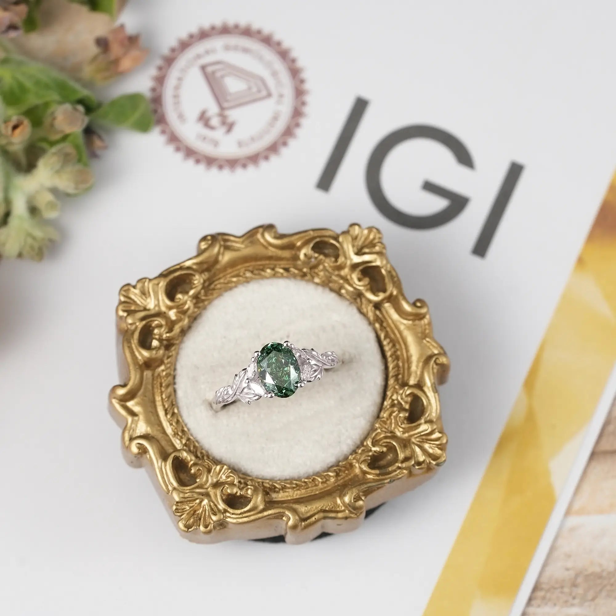 Nature Inspired Lab Grown Green Moissanite Crossed Leaf Engagement Ring - Bella | Nartya