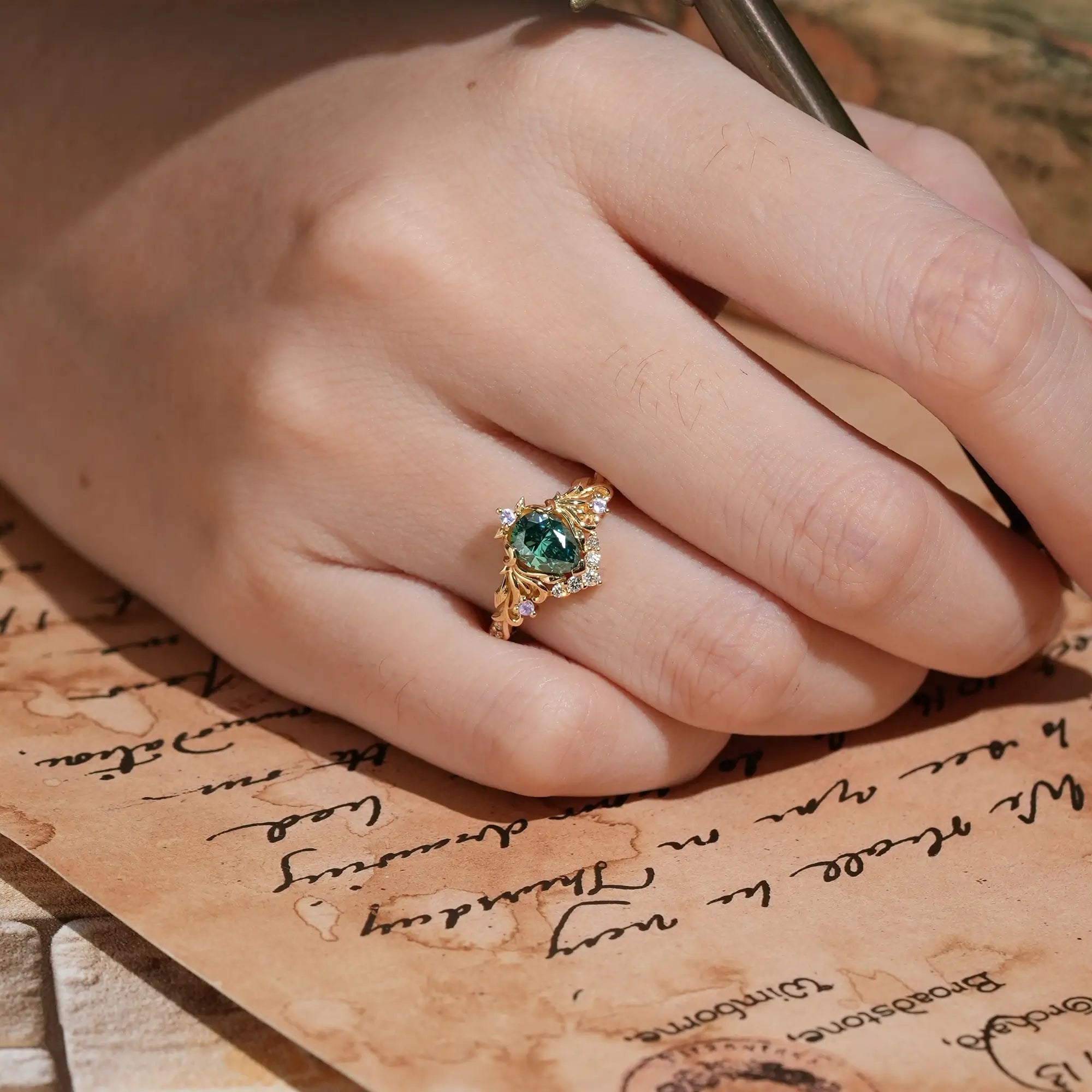 Pear Green Moissanite Art Nouveau Engagement Ring With Moonstone - Calyra | Nartya