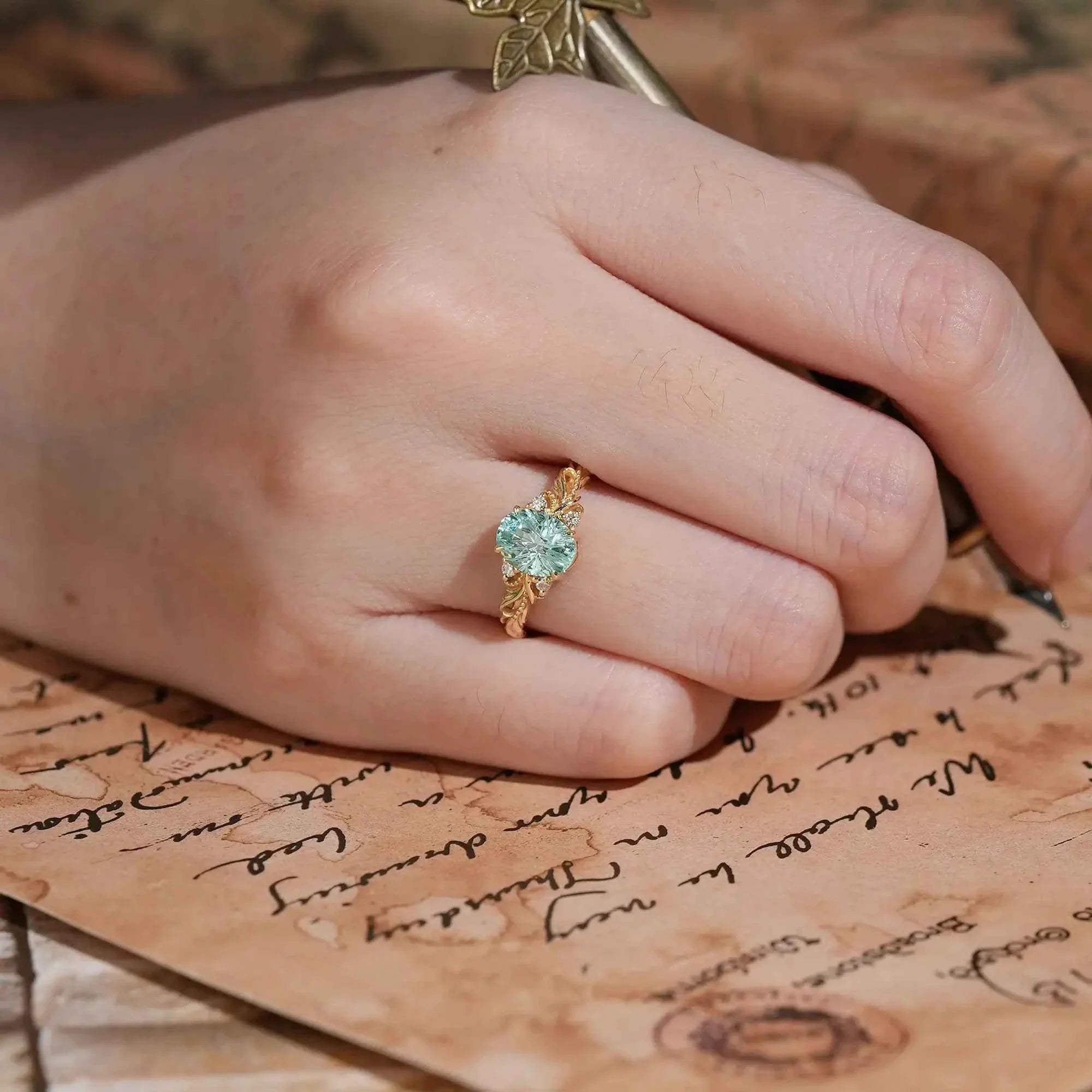 Sparkle Cut Oval Green Sapphire Milgrain Engagement Ring - Kimberly | Nartya