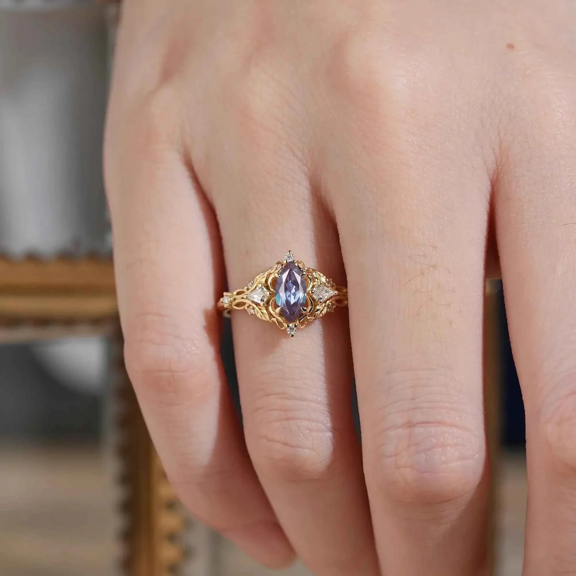 Vintage Marquise Cut Alexandrite Leaf Inspired Art Nouveau Engagement Ring - Isadora | Nartya