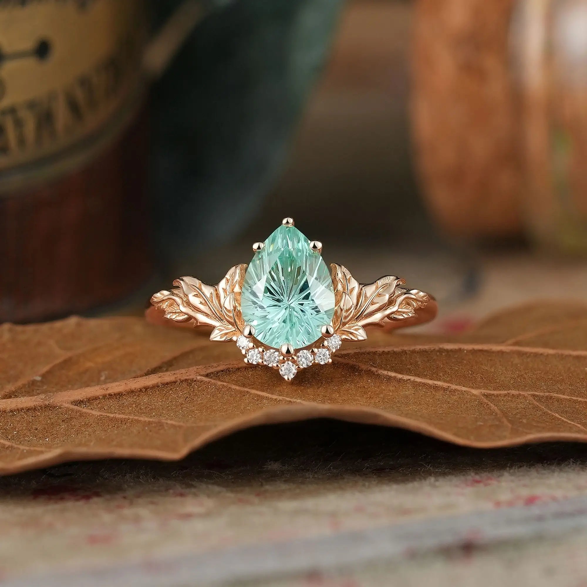 Sparkle Cut Green Sapphire Leaf Inspired Whimsical Engagement Ring - Alora | Nartya