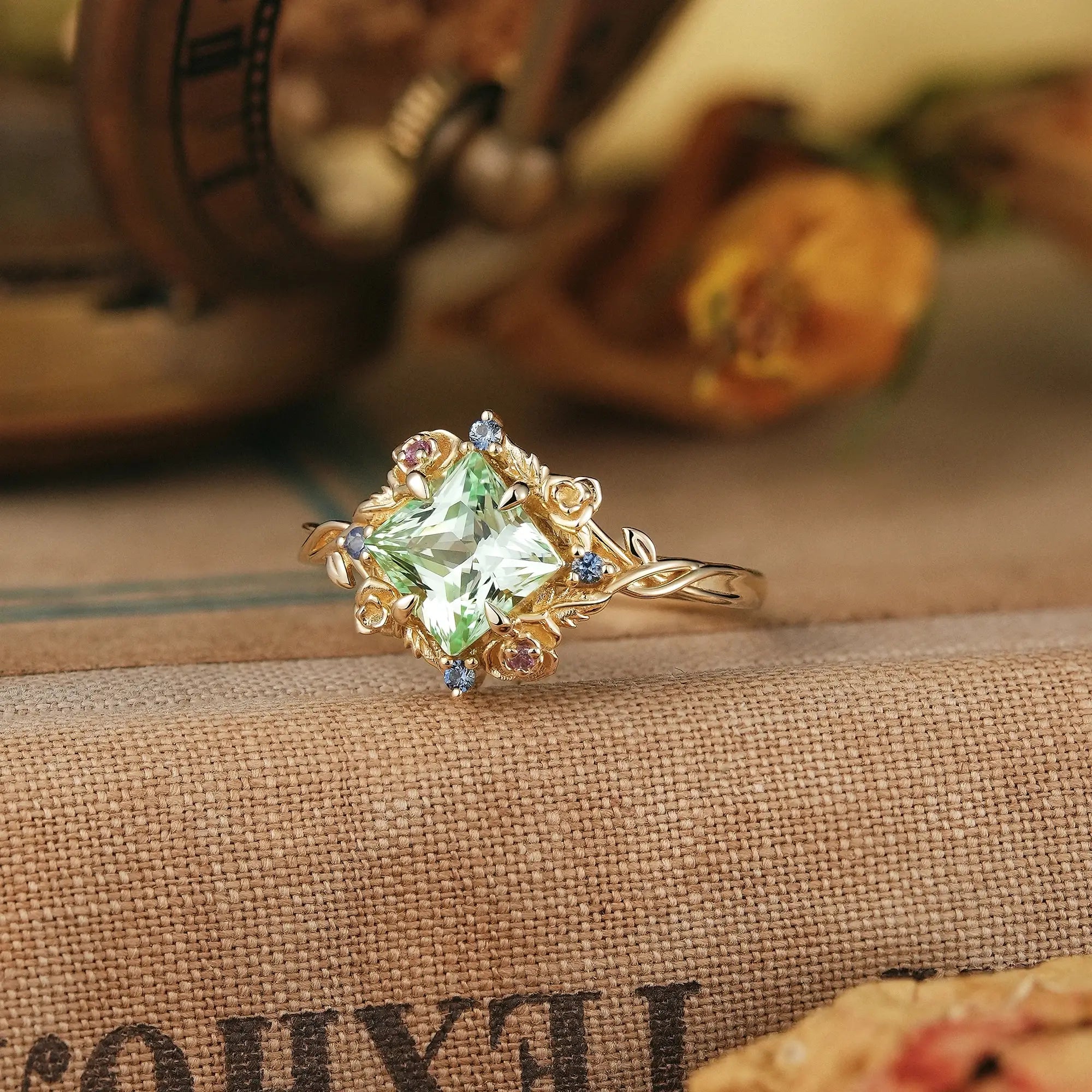 Princess Cut Green Sapphire Nature Inspired Whimsical Engagement Ring - Amarante | Nartya