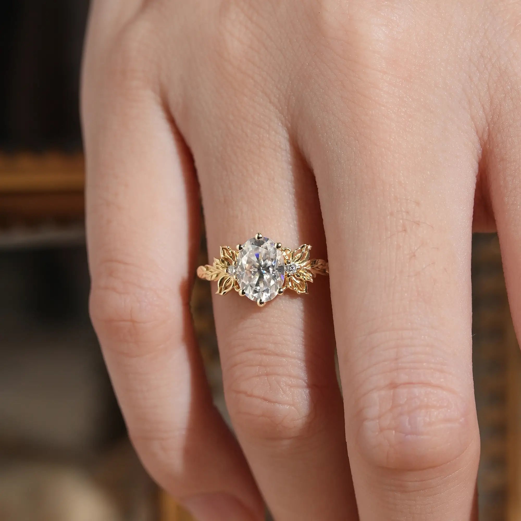 Butterfly Inspired Oval Moissanite Engagement Ring with Carved Hollow Leaf Design - Mariselle | Nartya