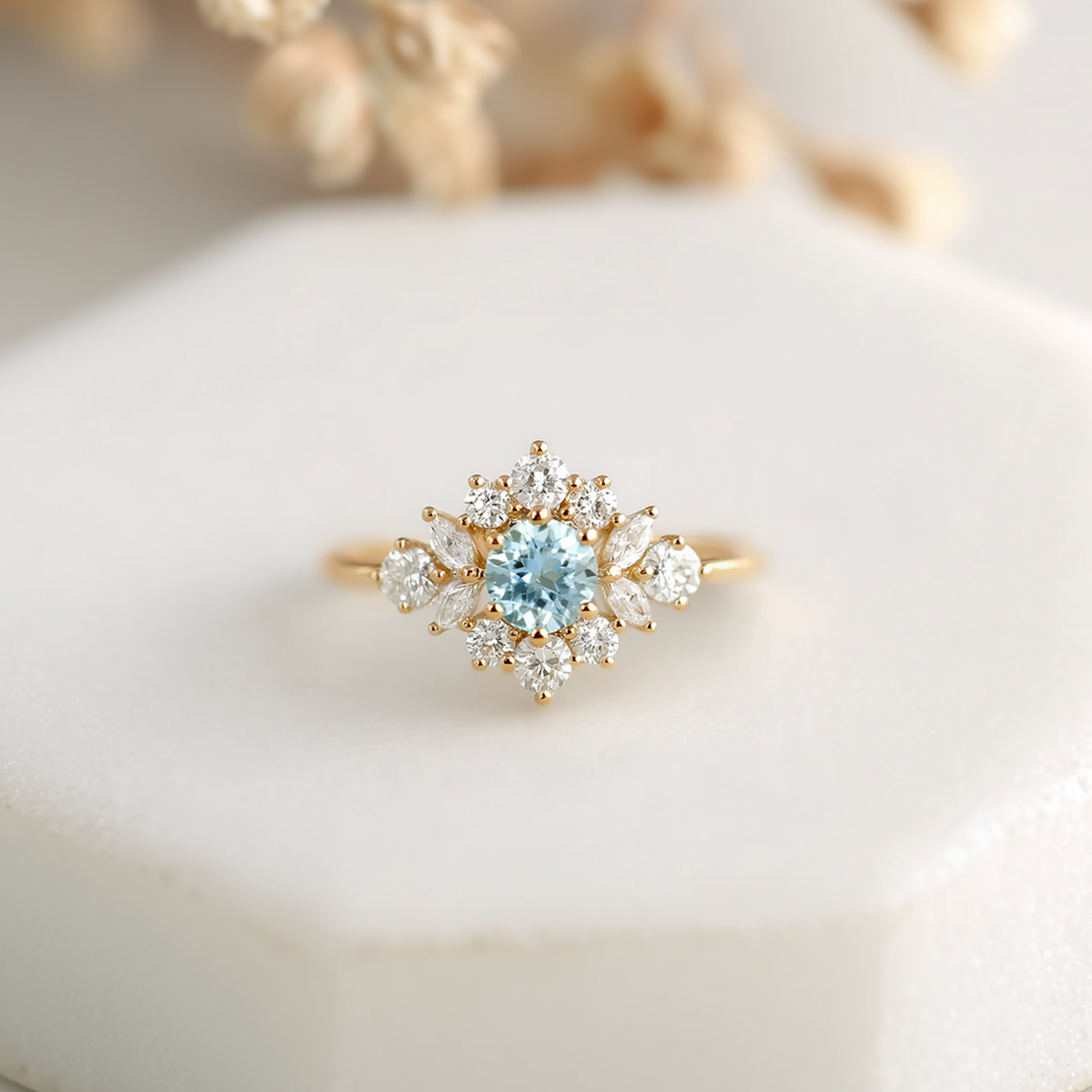 Marina's Blossom | Round Cut Aquamarine Halo Engagement Ring