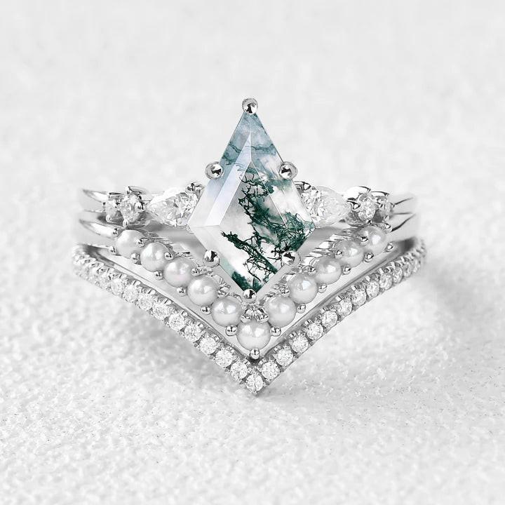 Kite Cut Moss Agate Pearl Stacking Engagement Bridal Set 3pcs - View 2