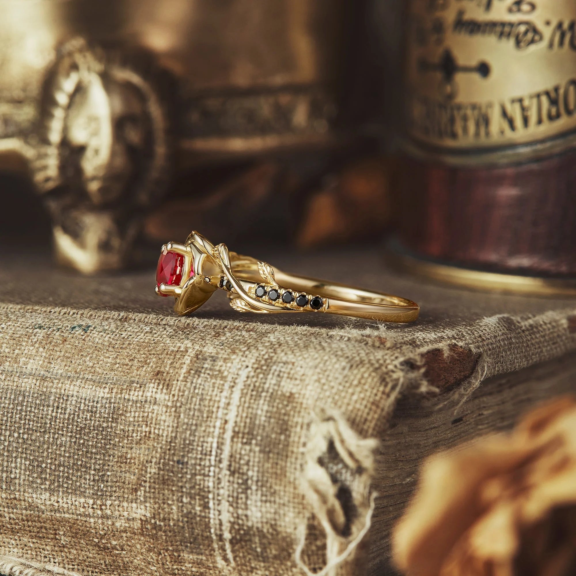 Blooming Rose, Black Onyx and Ruby Ring