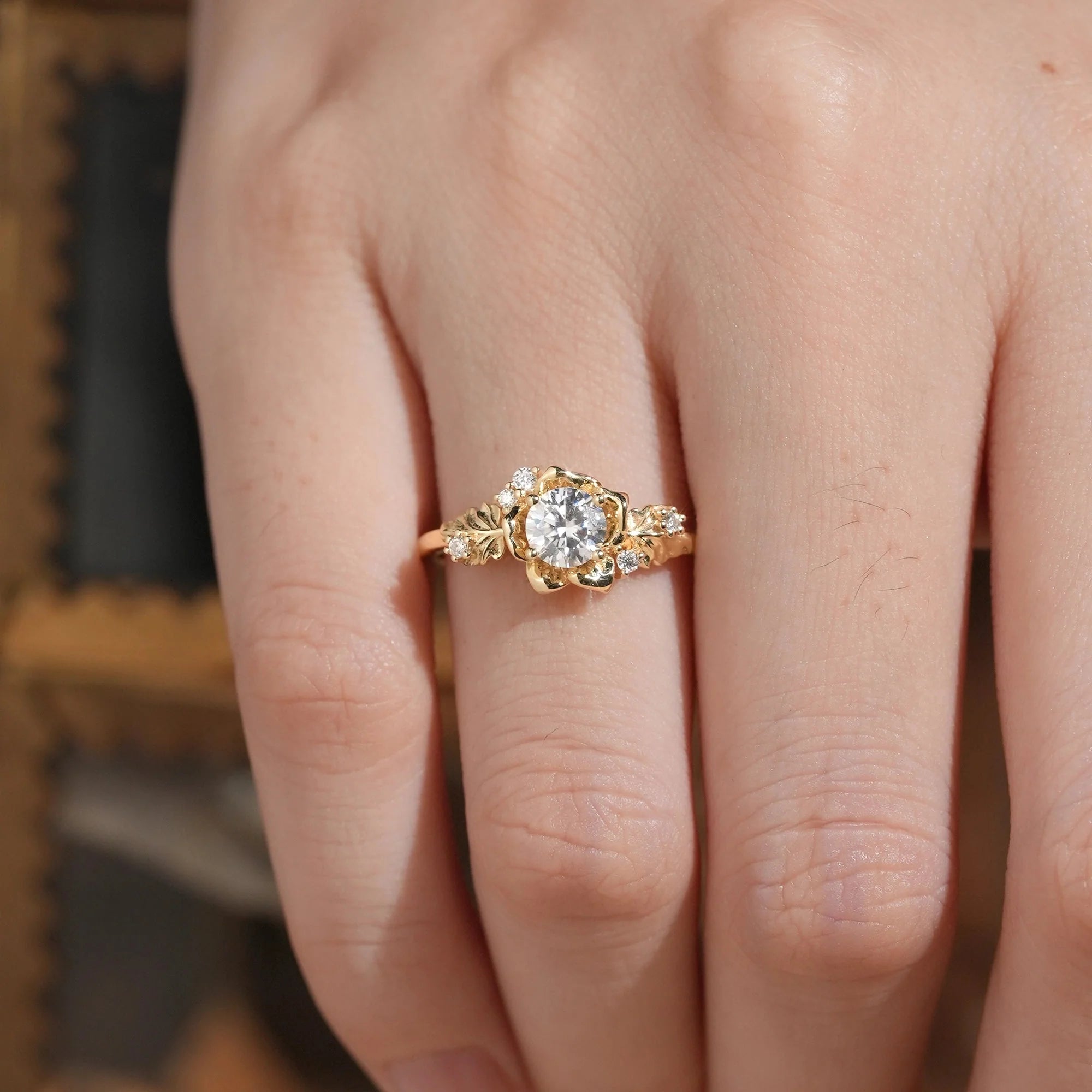 Blooming Rose Moissanite Round Engagement Ring-Tindra