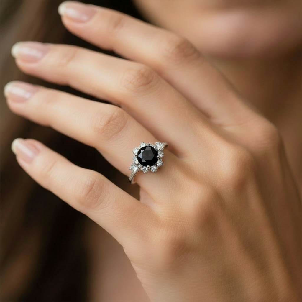 Marina’s Nocturne | Round Black Diamond Halo Engagement Ring