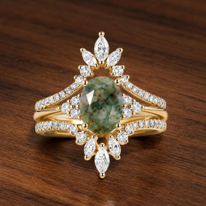 Chroma oval moss agate classic cluster gold ring set on warm walnut