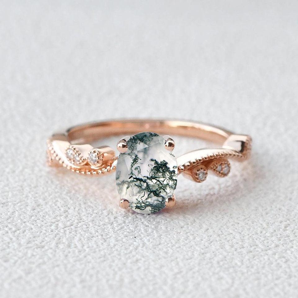 Genevieve’s Grace | Oval Moss Agate Vintage Solitaire Engagement Ring
