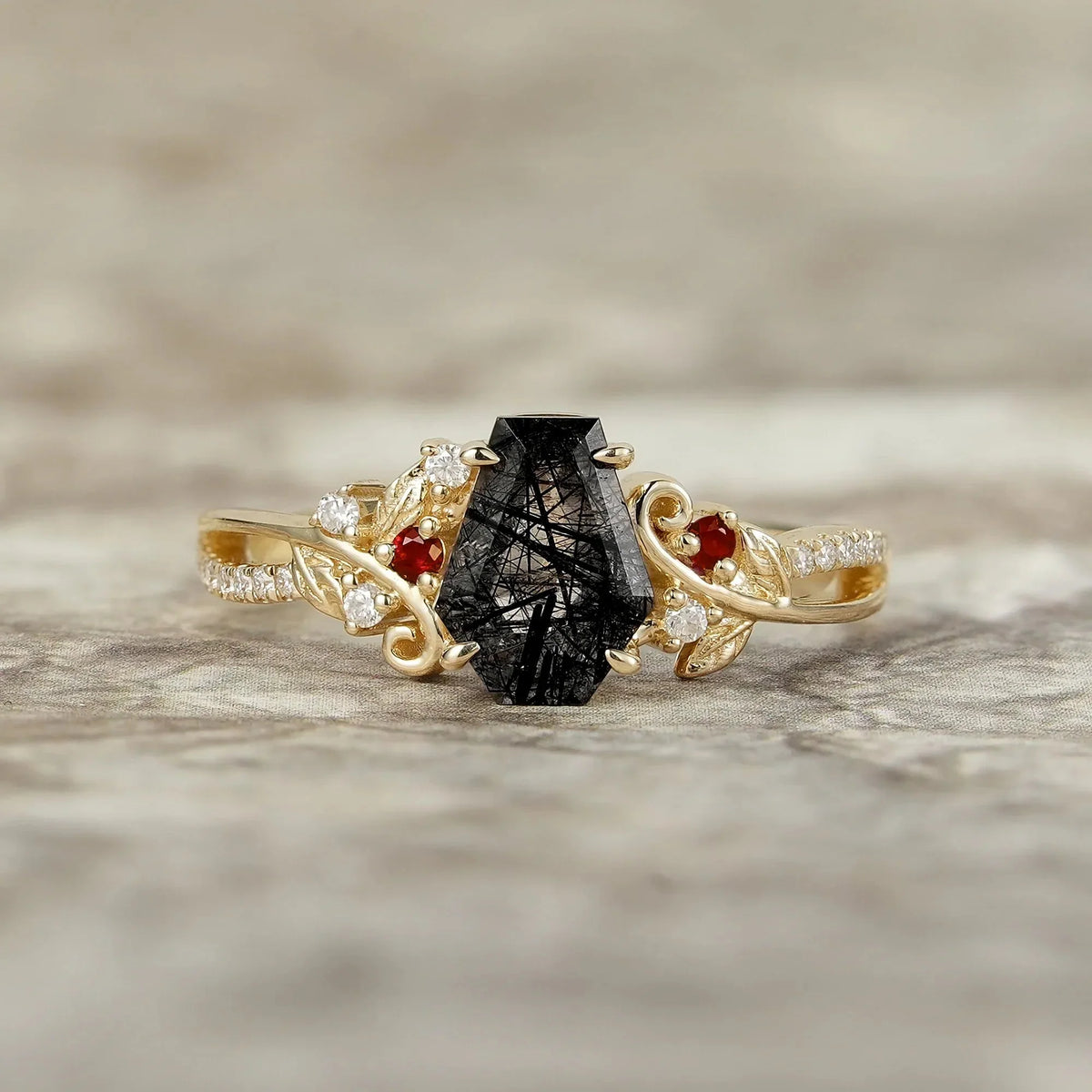 Coffin Cut Black Rutilated Quartz Leaf Ring-Sylvie