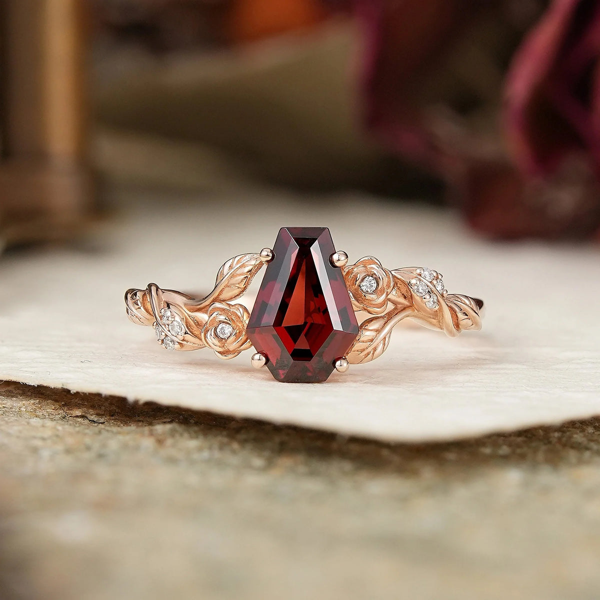 Coffin Cut Garnet Leaf And Flower Inspired Engagement Ring