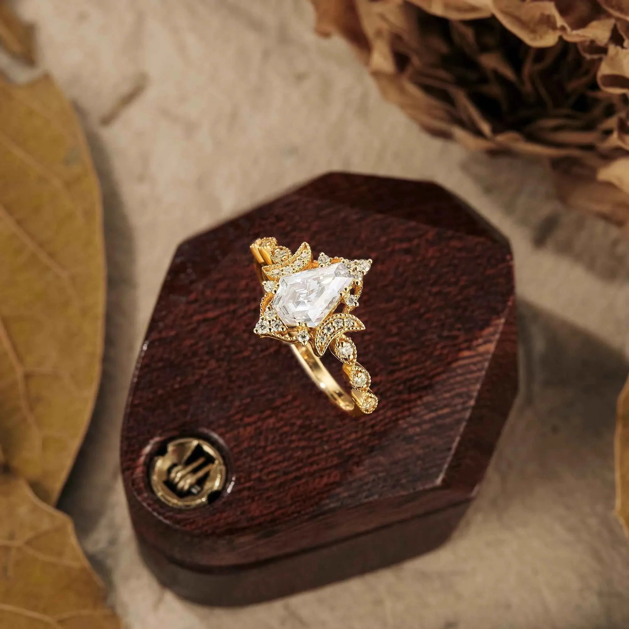 Coffin Shaped Moissanite Cluster Engagement Ring - Nartya