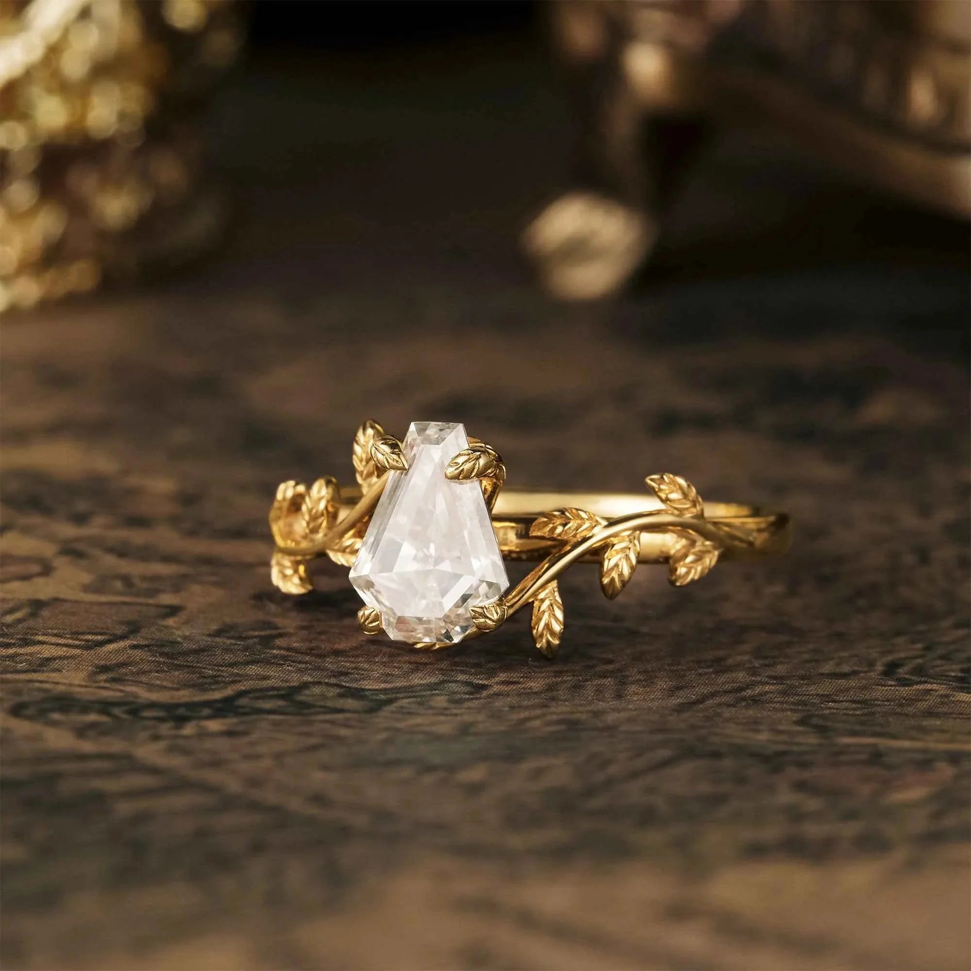 Coffin Shaped Moissanite Cluster Leaf Branch Engagement Ring - Nartya