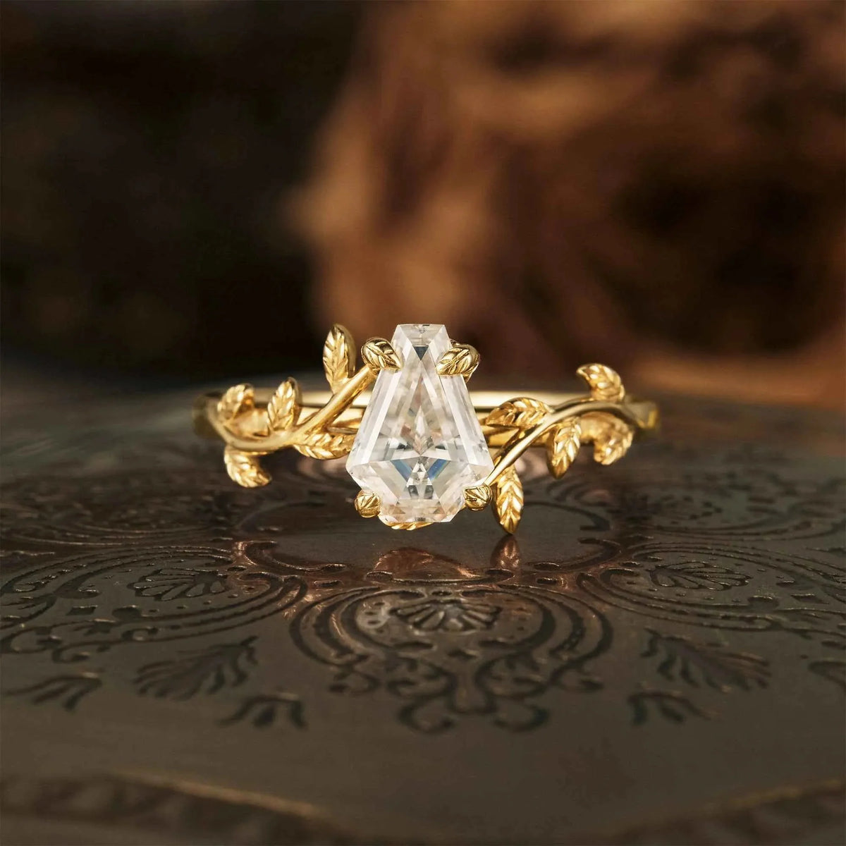 Coffin Shaped Moissanite Cluster Leaf Branch Engagement Ring