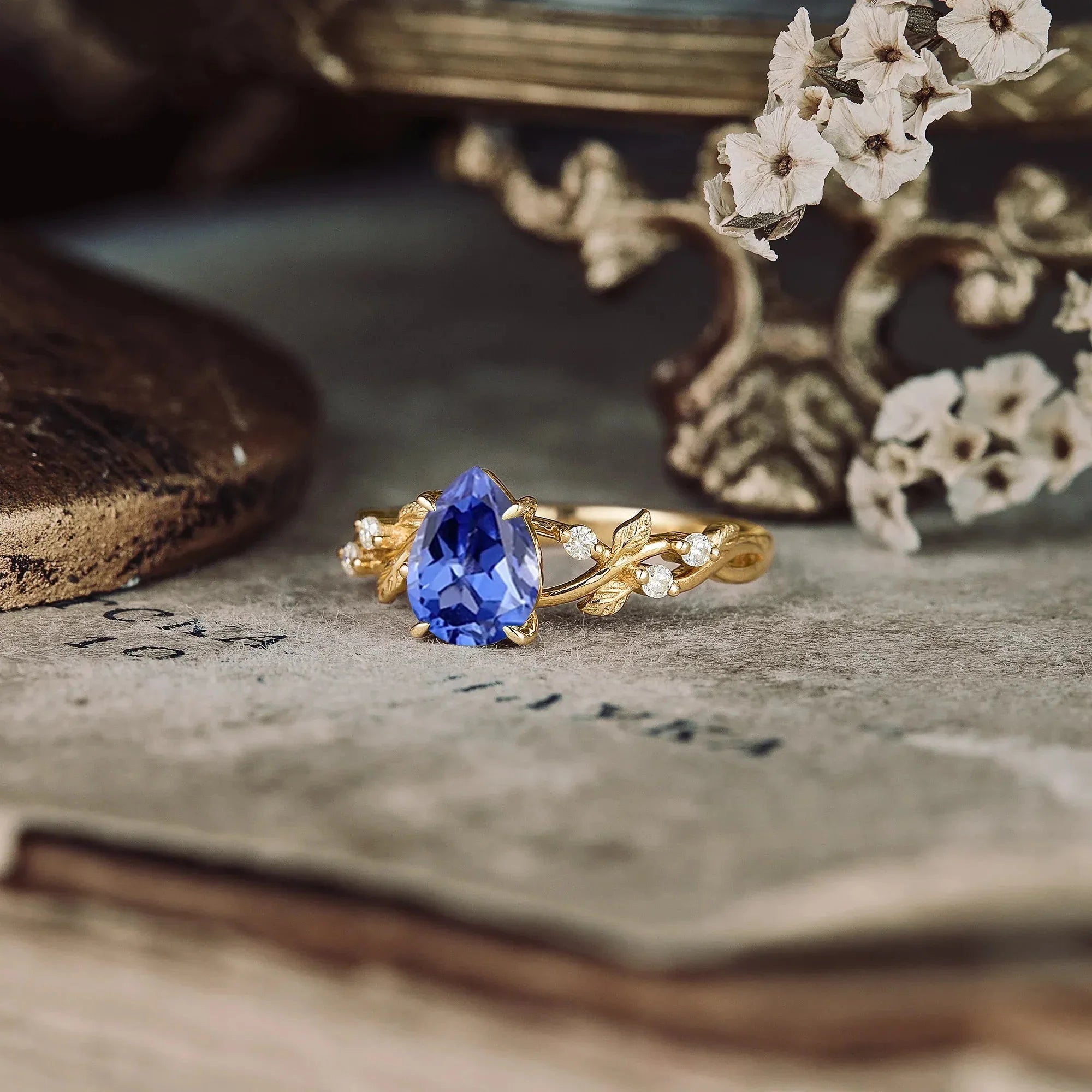 Cornflower Sapphire Leaf Engagement Ring - Nartya