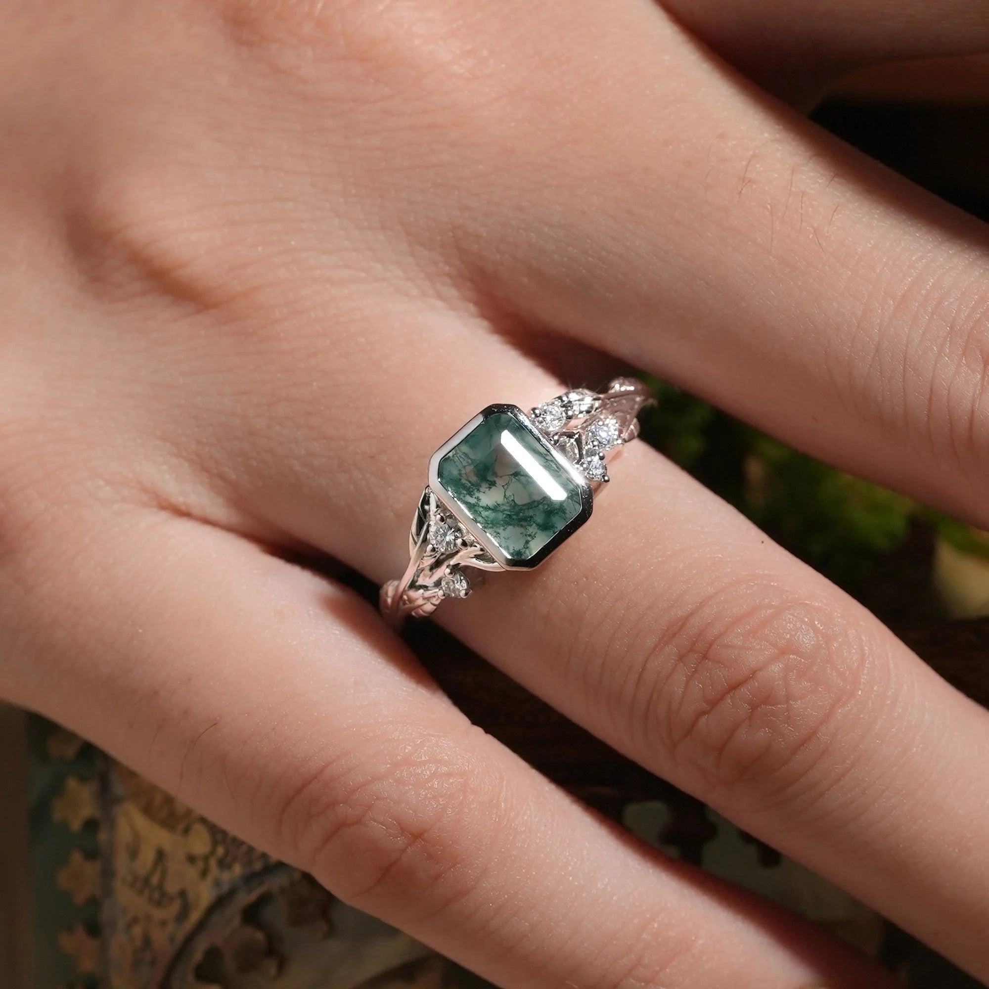 Dainty Emerald Cut Moss Agate Bazel Engagement Ring-Lily