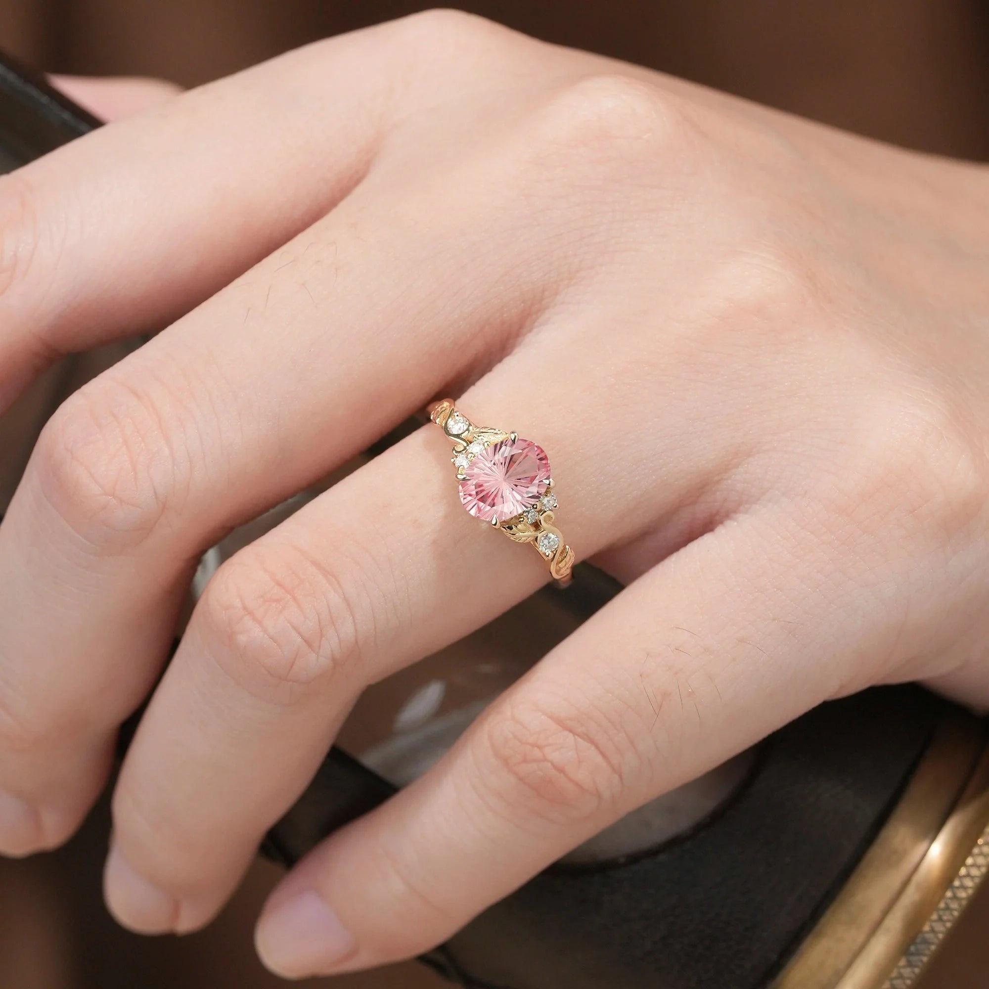 Dainty Sparkle Cut Pink Sapphire Leaf Engagement Ring - Lila