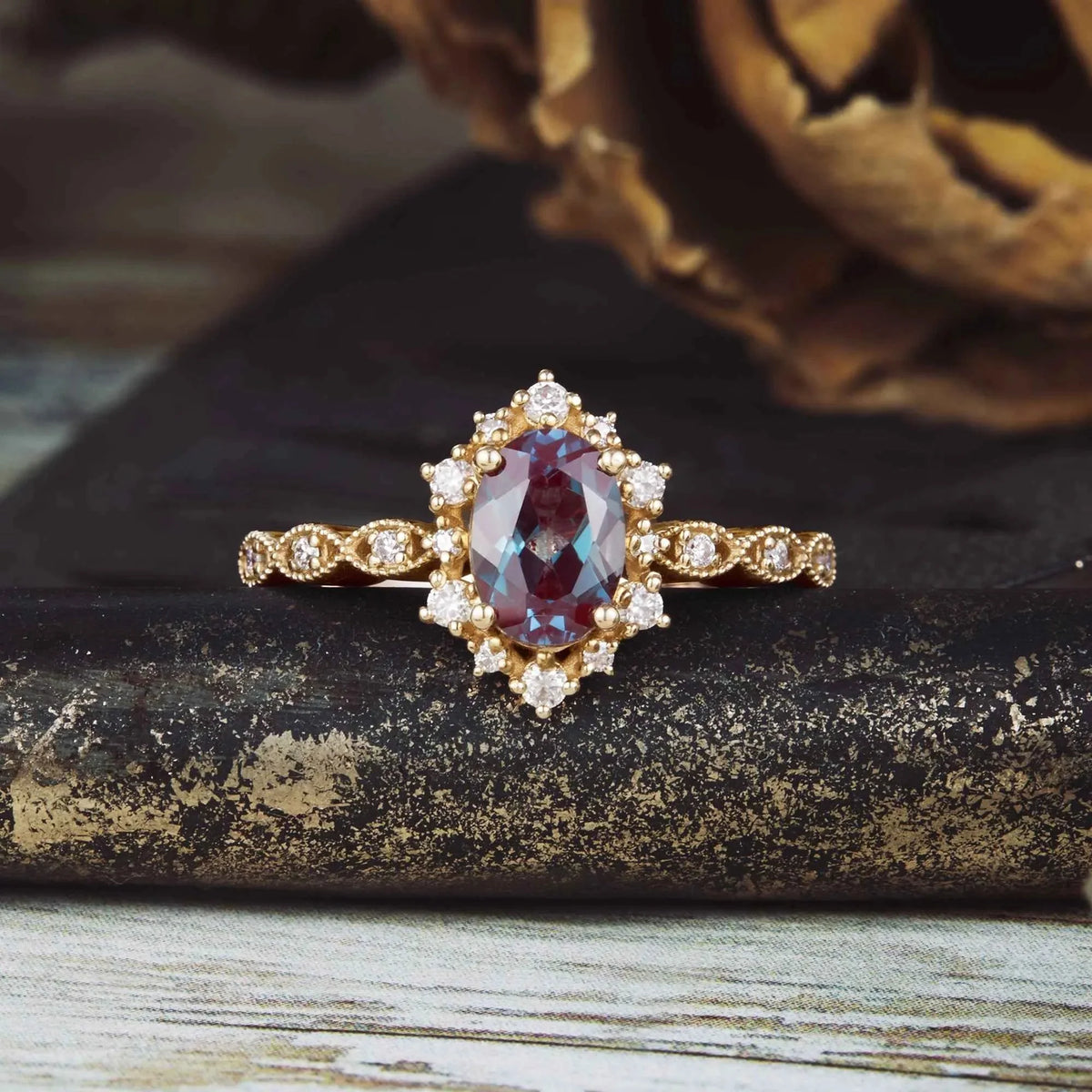 Delicate Oval Alexandrite Cluster Engagement Ring
