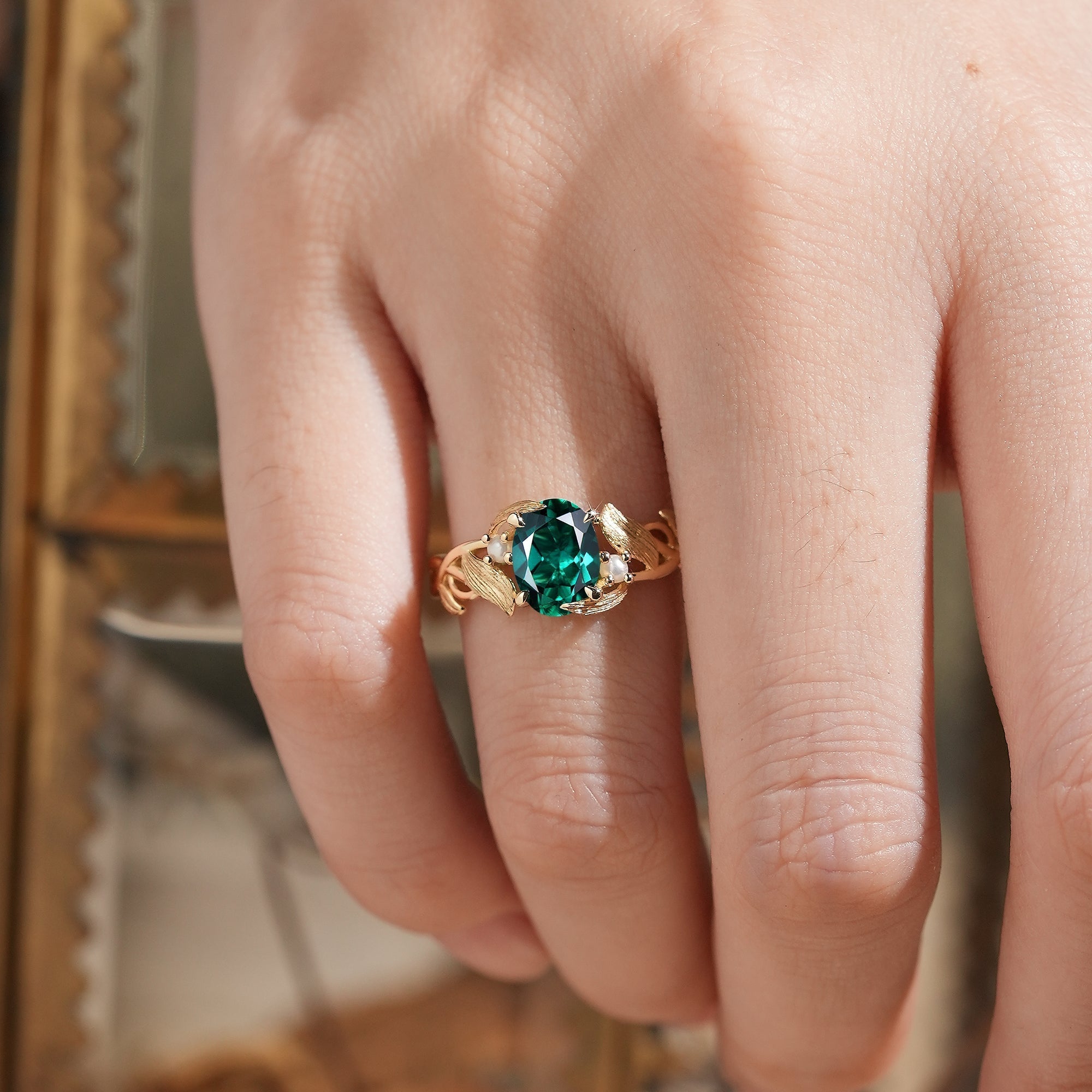 Elegant Oval Cut Emerald Brushed Gold Leaf Ring - Thea (925 Silver)