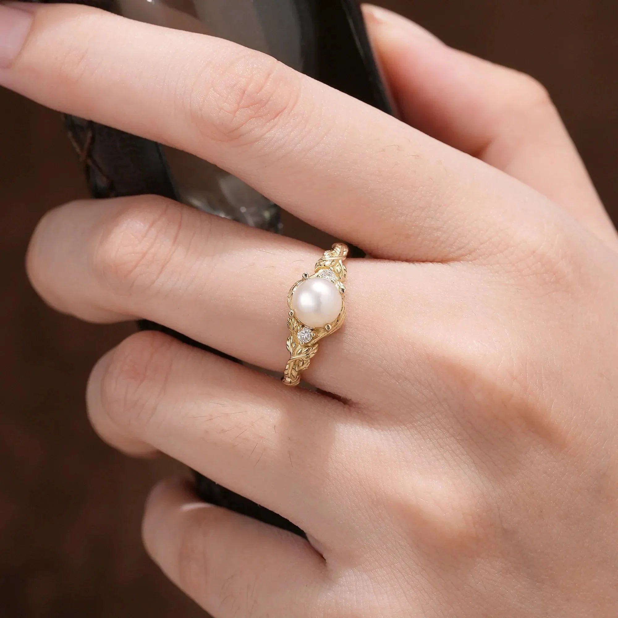 Embrace of Nature: Pearl Leaf Engagement Ring