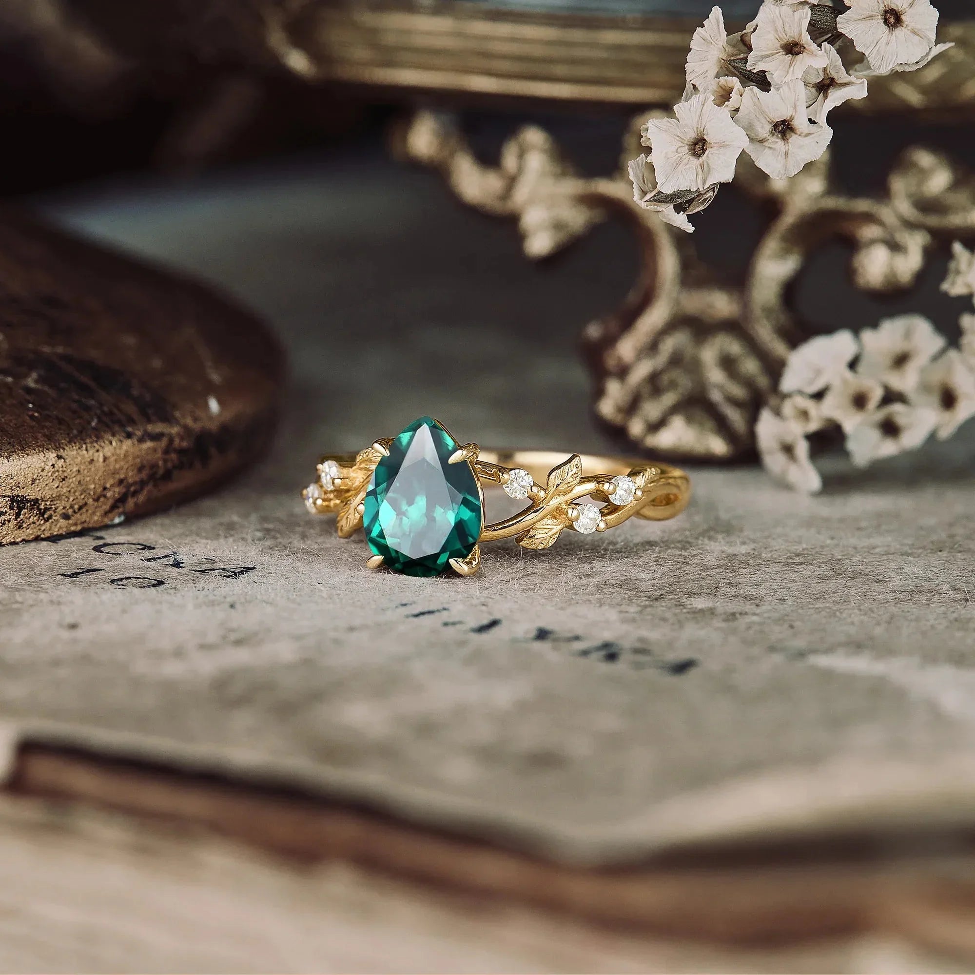 Emerald Leaf Engagement Ring Nartya