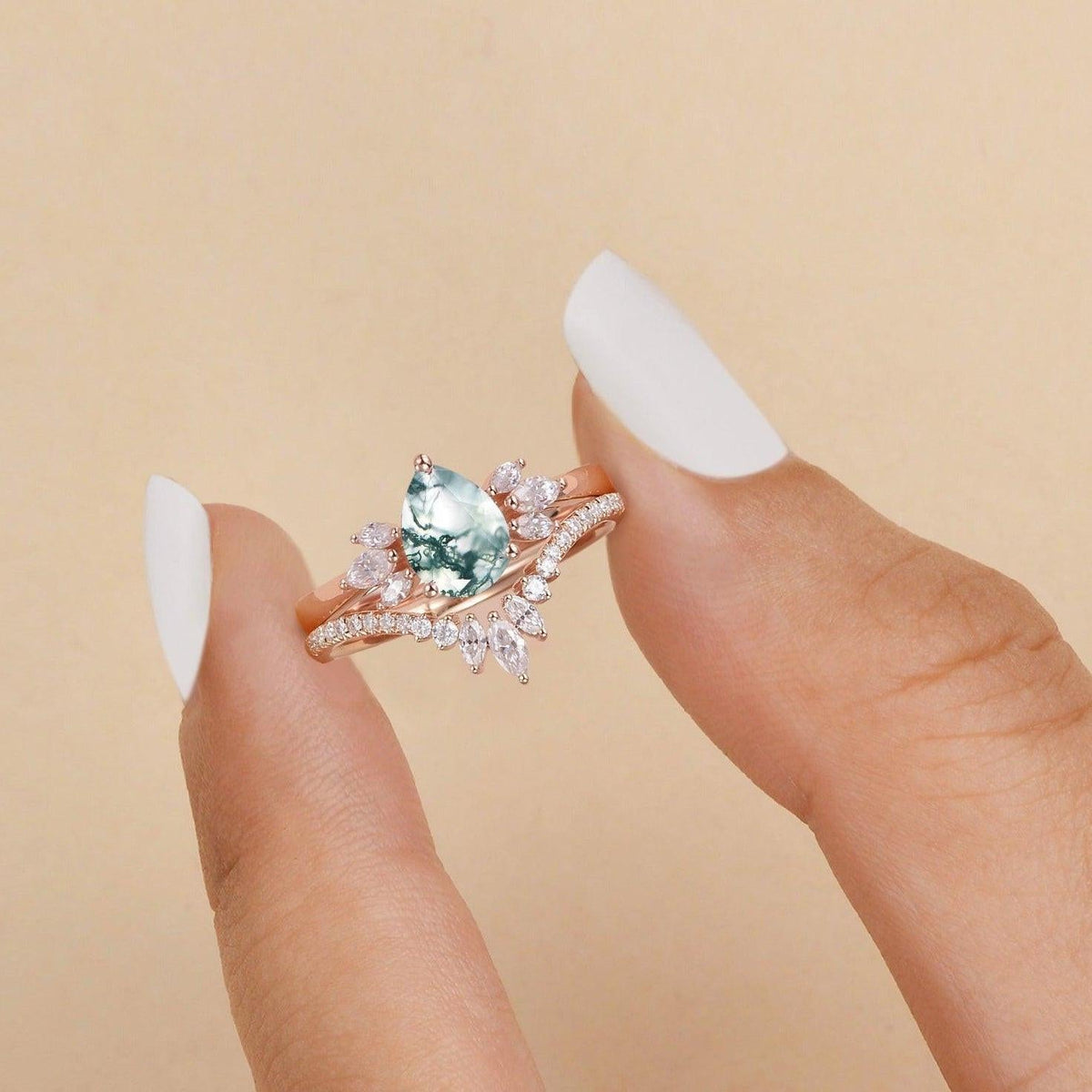 Seraphina’s Wings | Pear Moss Agate Butterfly Cluster Bridal Duo - View 2
