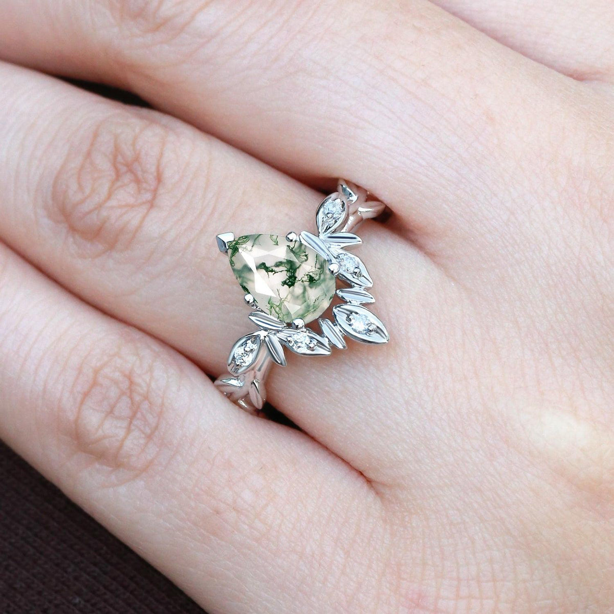 Calista’s Frond | Pear Cut Moss Agate Leafy Engagement Ring - View 2