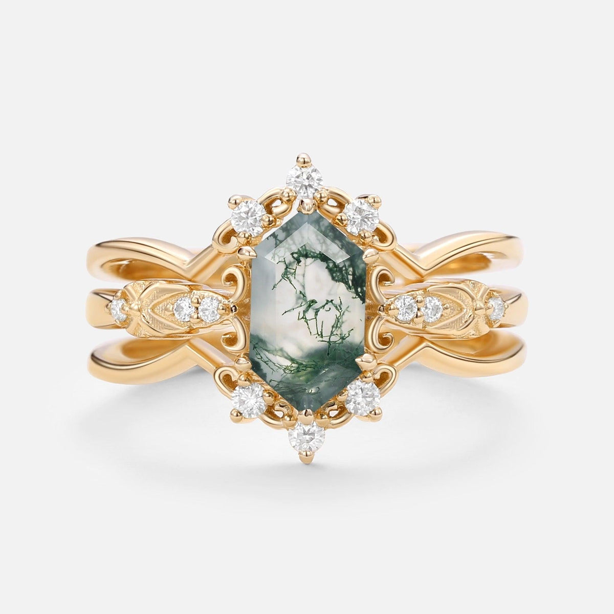 Vintage Long Hexagon Moss Agate Moissanite Ring Set 2pcs