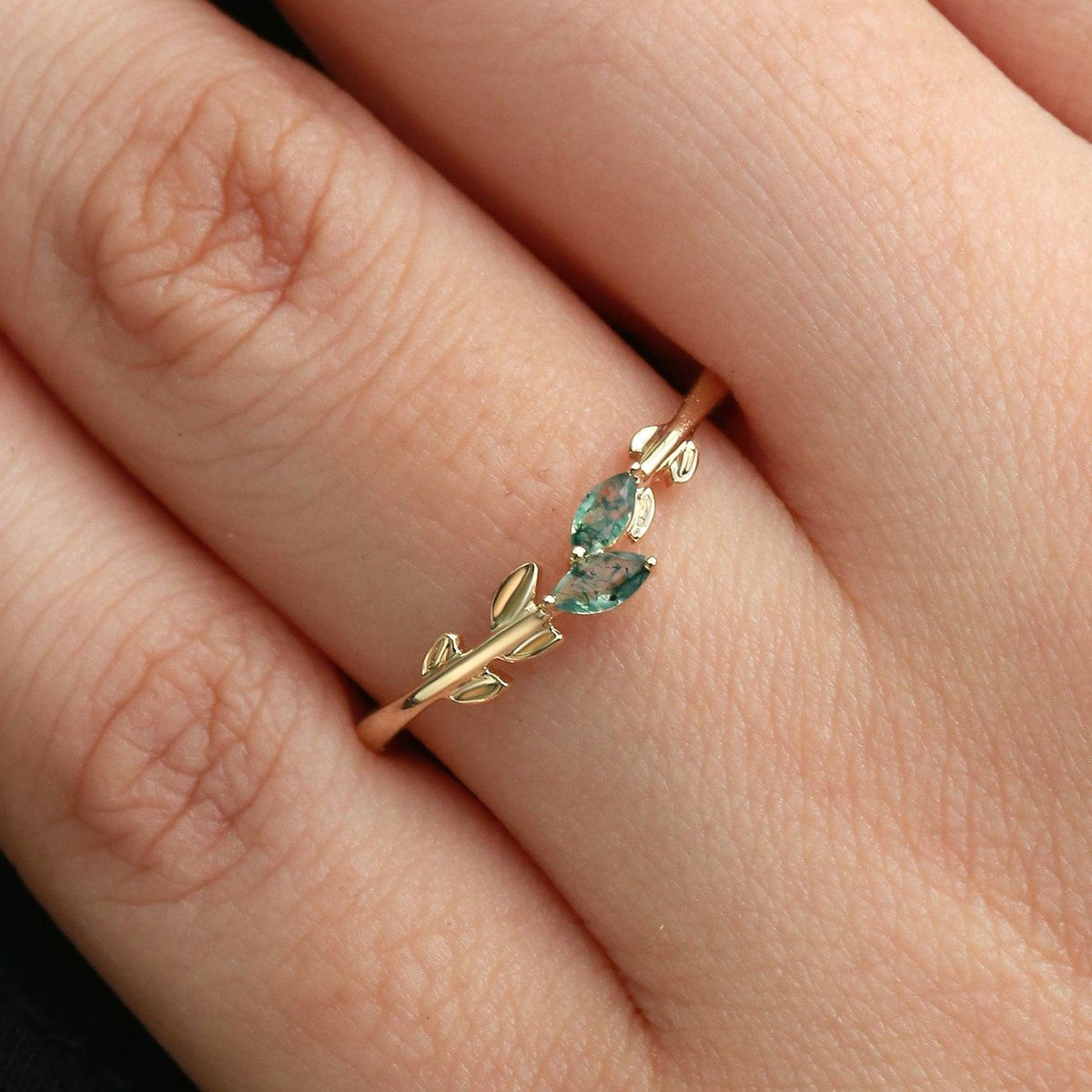 Celandine’s Sprig | Marquise Cut Moss Agate Leafy Engagement Ring - View 2