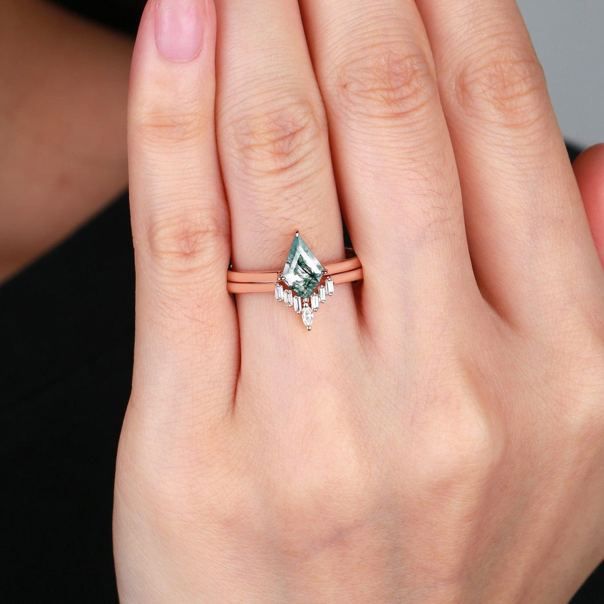 Black Gold Moss Agate Baguette Engagement Ring Set 2pcs - View 2