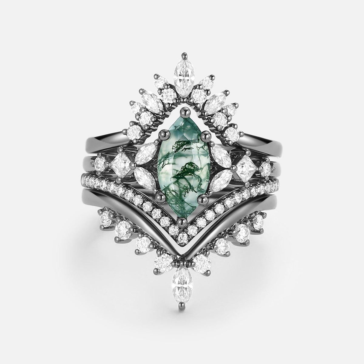Amelia Unique Marquise Moss Agate Engagement Ring Set 4pcs