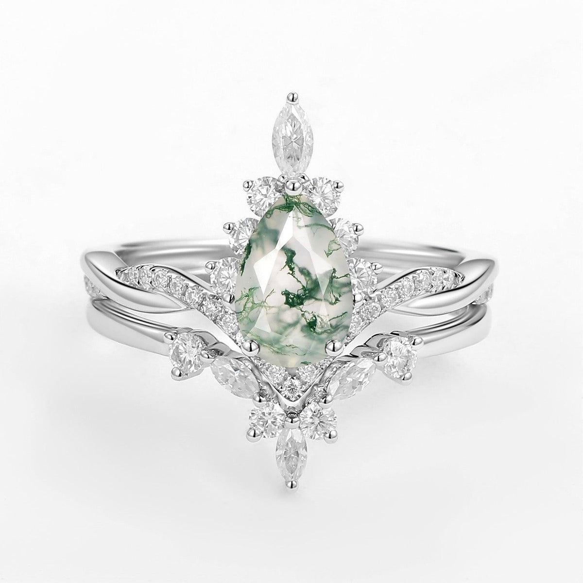 Unique Moss Agate Pear Shape Engagement Ring Sets 2pcs - View 2