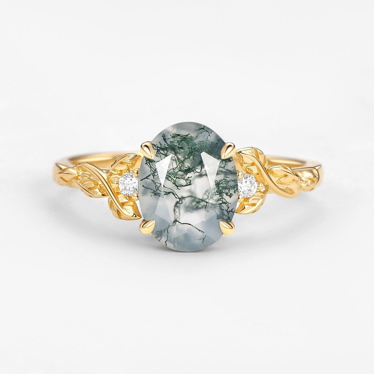 Clover Oval Shaped Moss Agate Leafy Wedding Engagement Ring