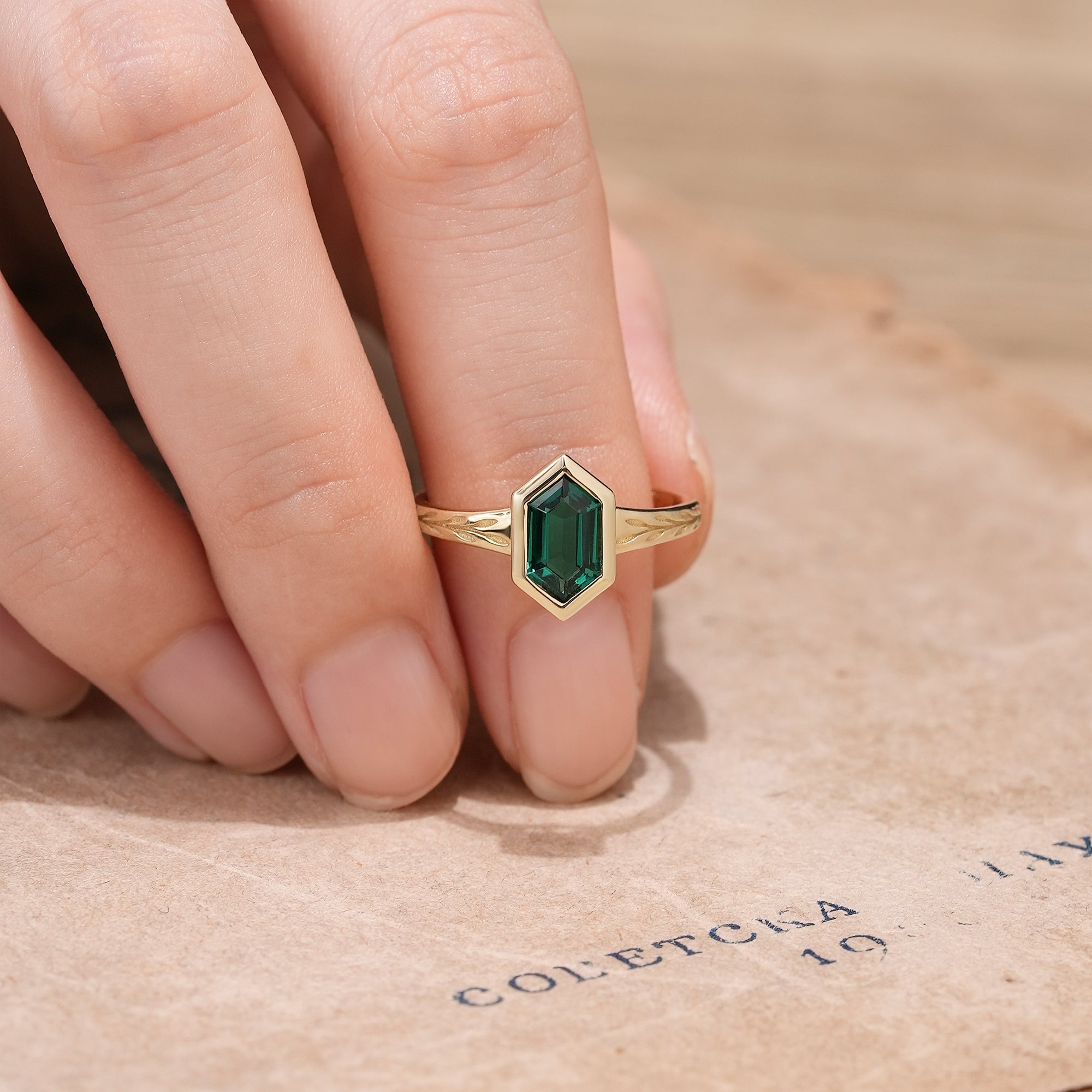 Golden Elegance: Hexagon Emerald Leaf Ring | Aria