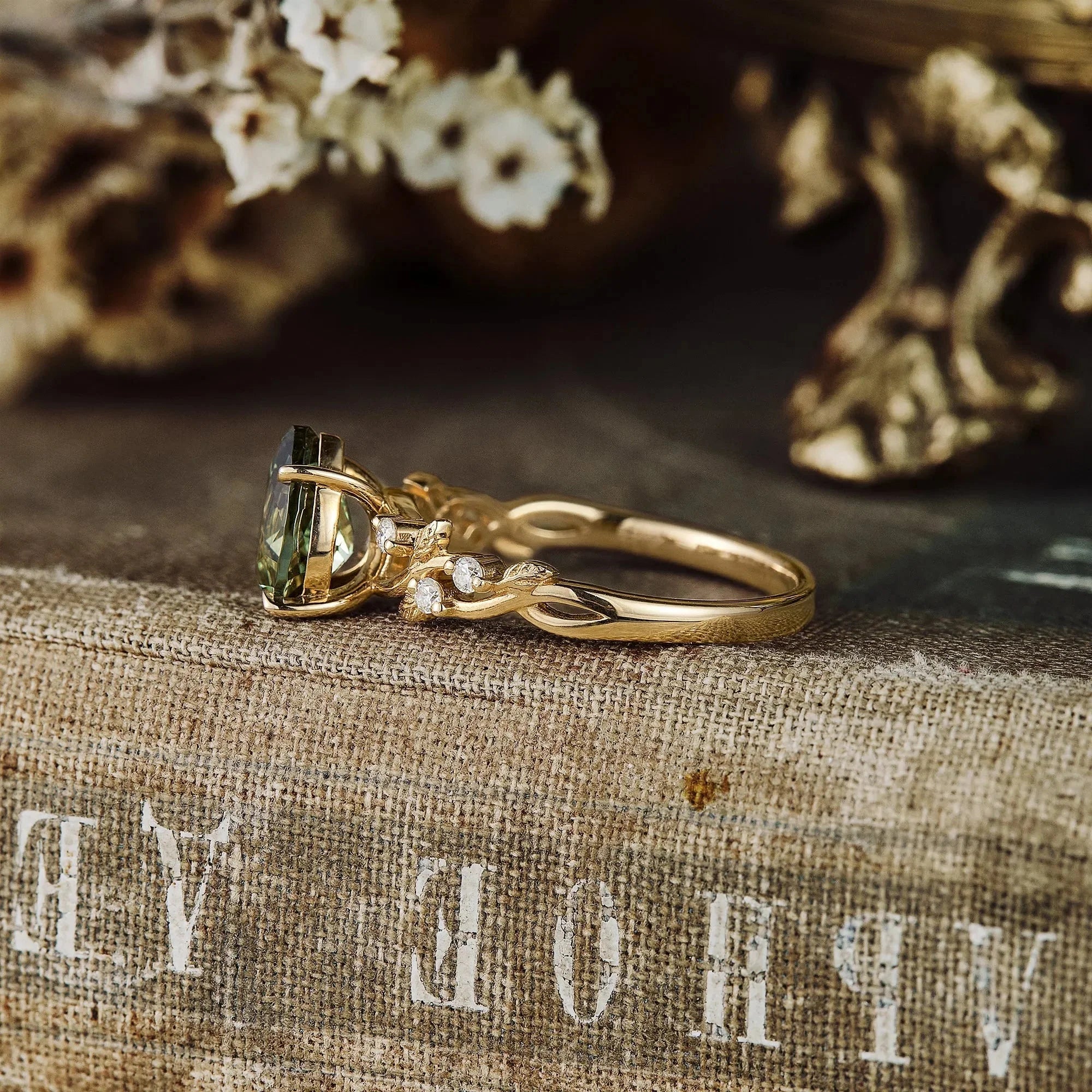 Green Sapphire Leaf Engagement Ring - Nartya