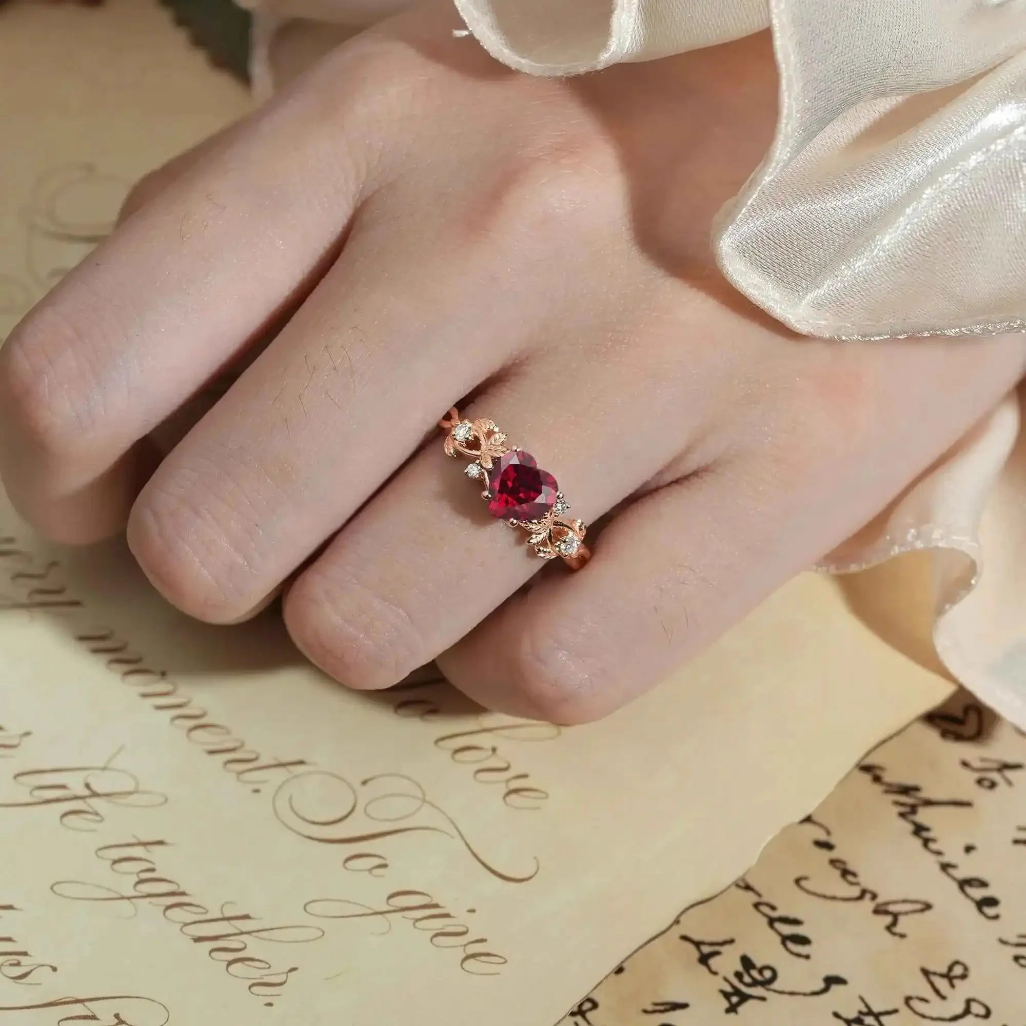 Heart Cut Ruby Leaf Inspired Engagement Ring - Poppy