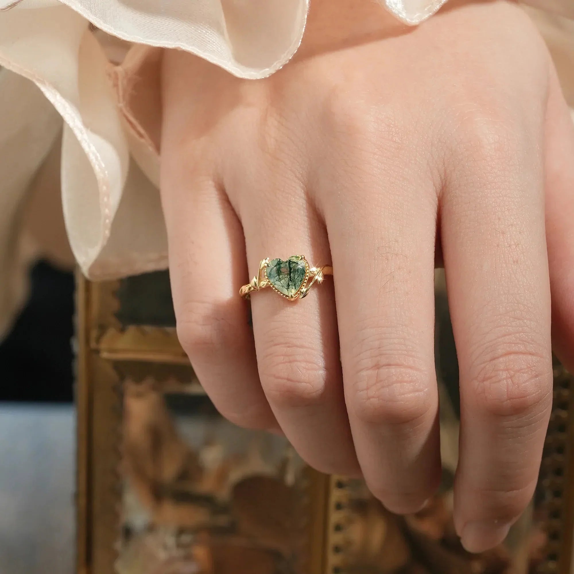 Heart Moss Agate Natural Inspired Leaf Engagement Ring - Faith - Nartya