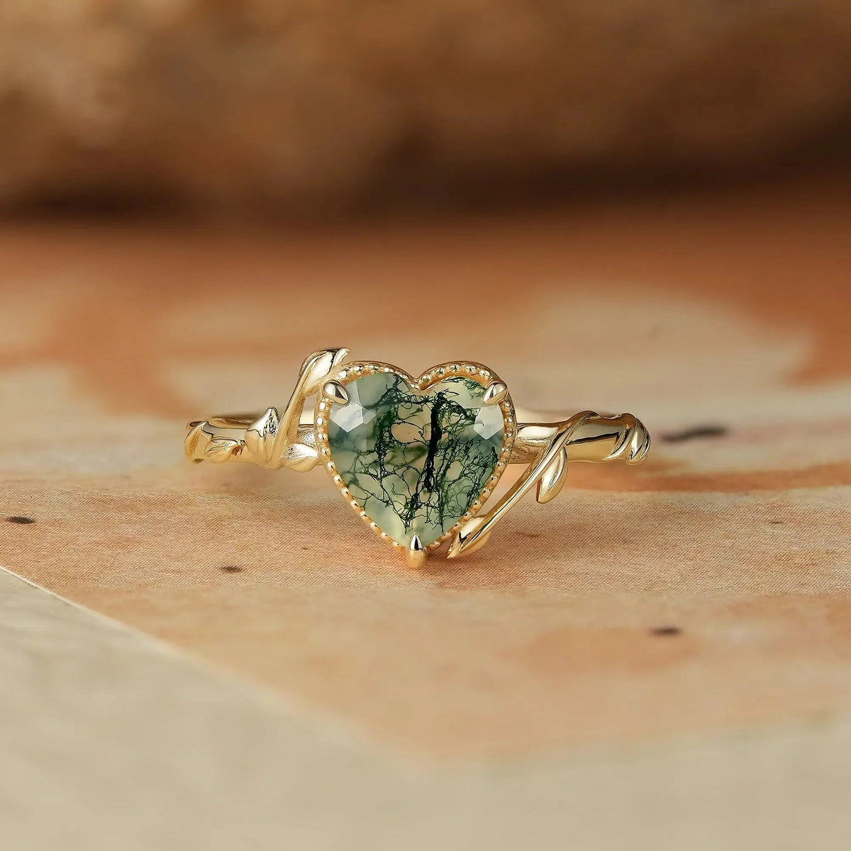 Heart Moss Agate Natural Inspired Leaf Engagement Ring - Faith