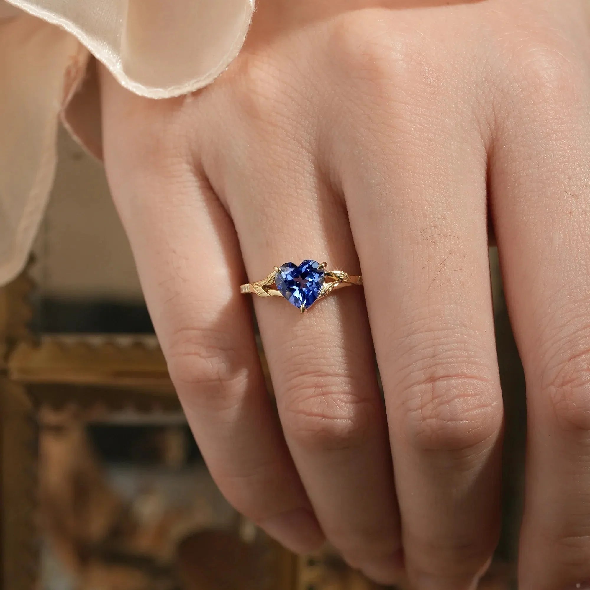 Heart Sapphire Half Eternity Leaf Engagement Ring - Florence - Nartya