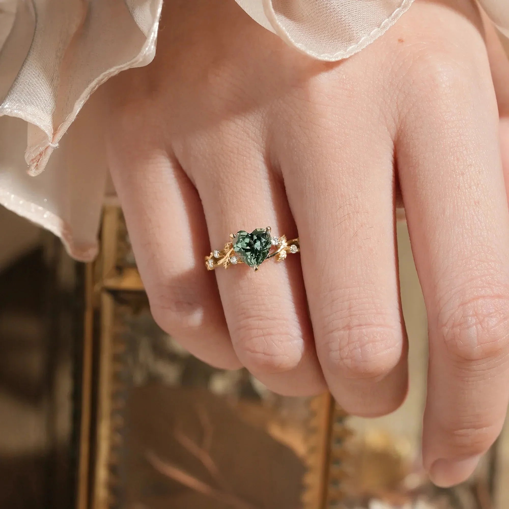 Heart Shaped Green Sapphire Leaf Engagement Ring - Genevieve - Nartya