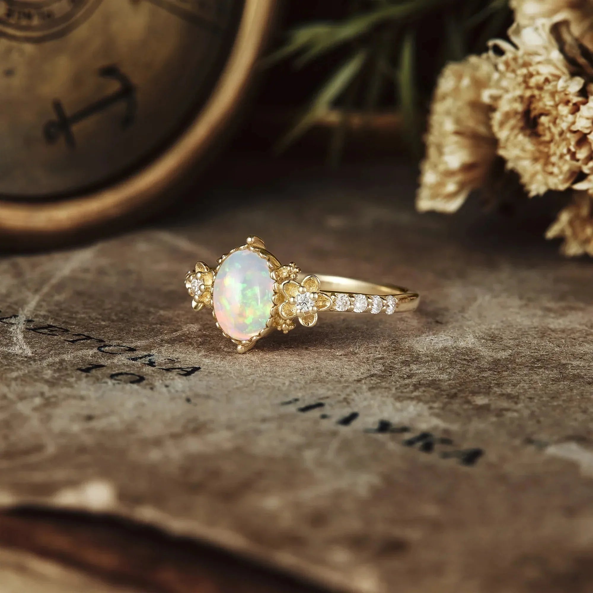 Hera's Opal Garden: A Floral and Leafy Ring